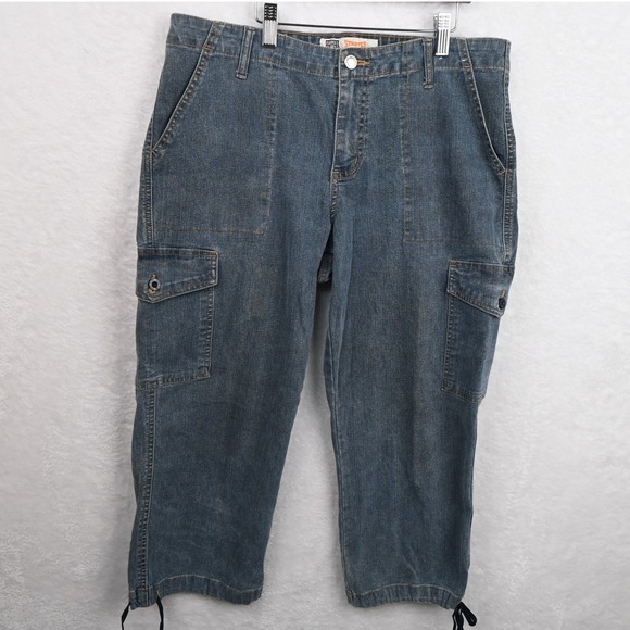 Faded Glory Pants - Faded Glory Cargo Capris Womens 12 Blue Denim Stretch Drawstring Hem